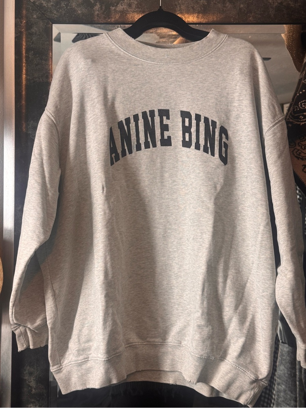Anine Bing Light Gray Crewneck Sweatshirt with Navy Logo